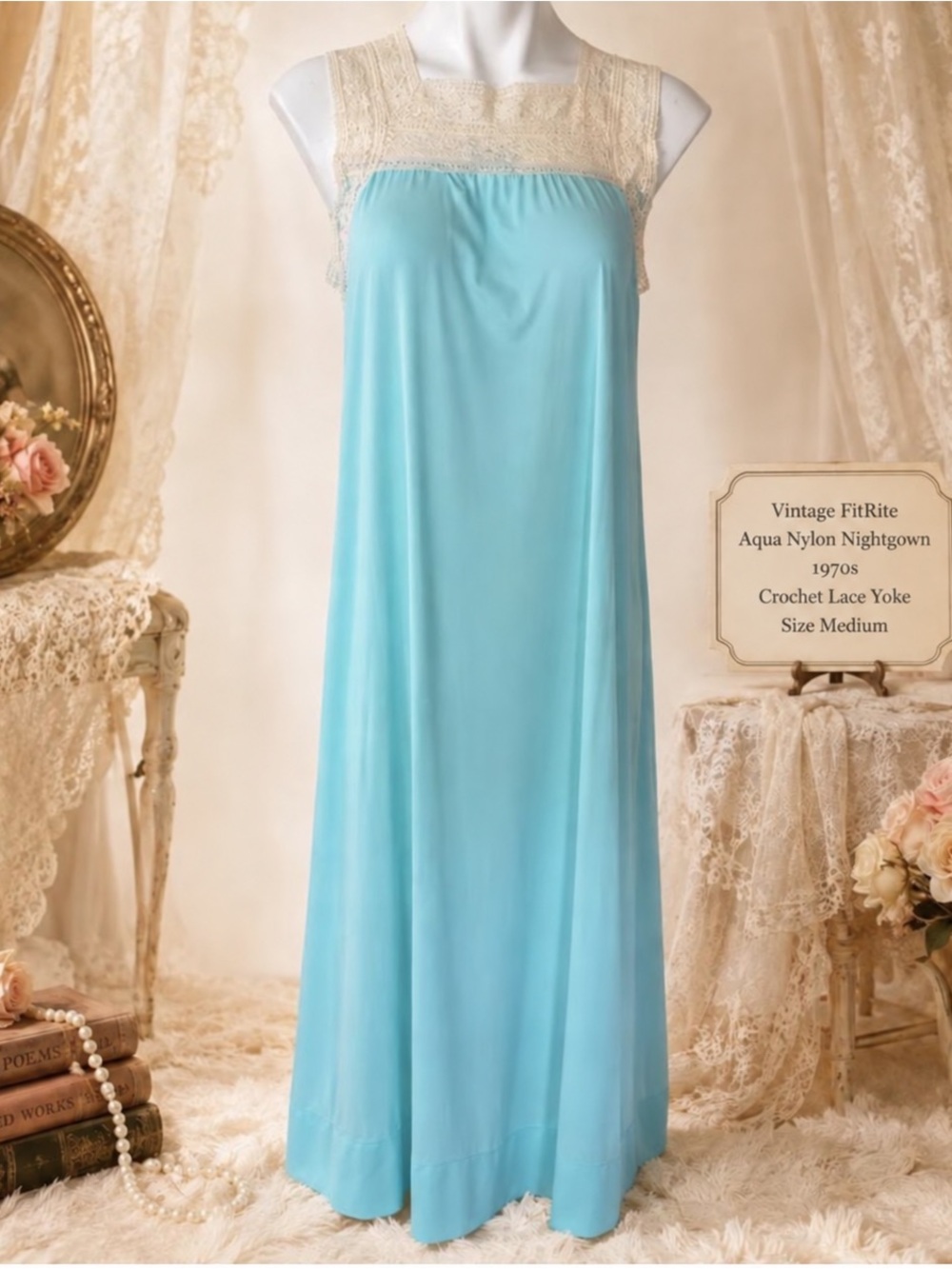 Vintage 1970s FitRite Aqua Nylon Nightgown Crochet Lace Yoke Size Medium